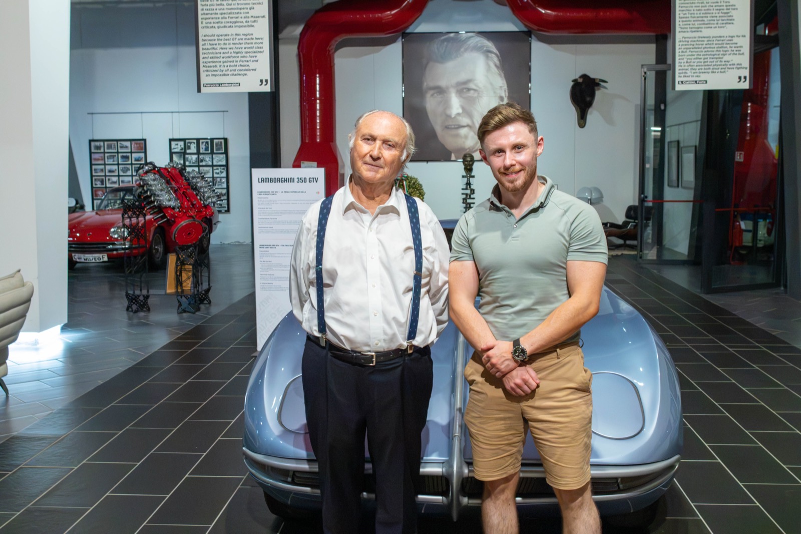 Lewis Hunter with Tonino Lamborghini at the Lamborghini family museum, in front of the 350 GTV with a portrait of Ferruccio Lamborghini behind them